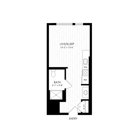 Floor plan for studio, 1 bath, 360 sqft